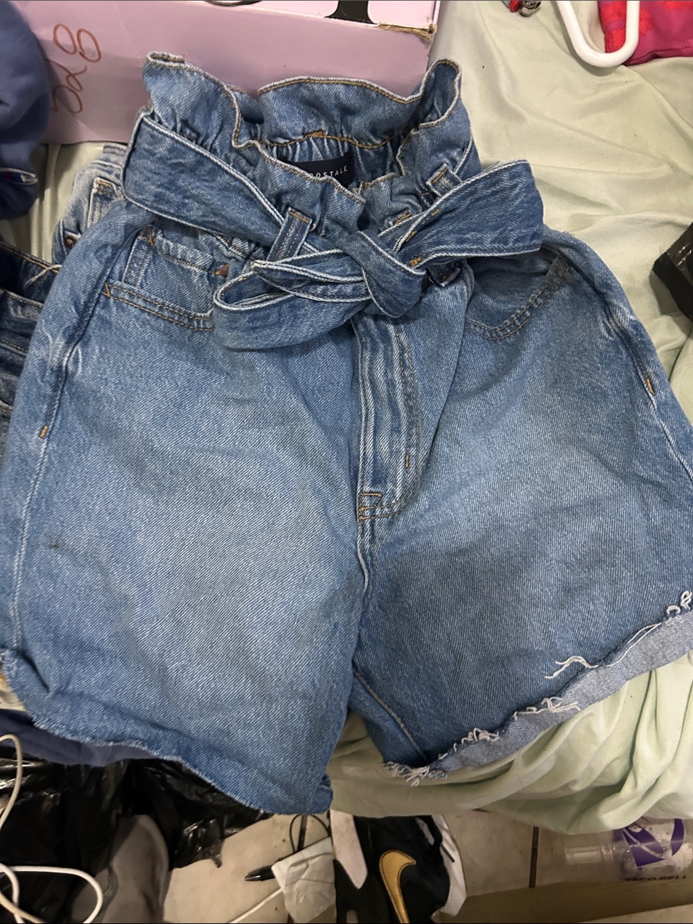 Aeropostale Light Blue Paperbag Waist Denim Shorts with Tie